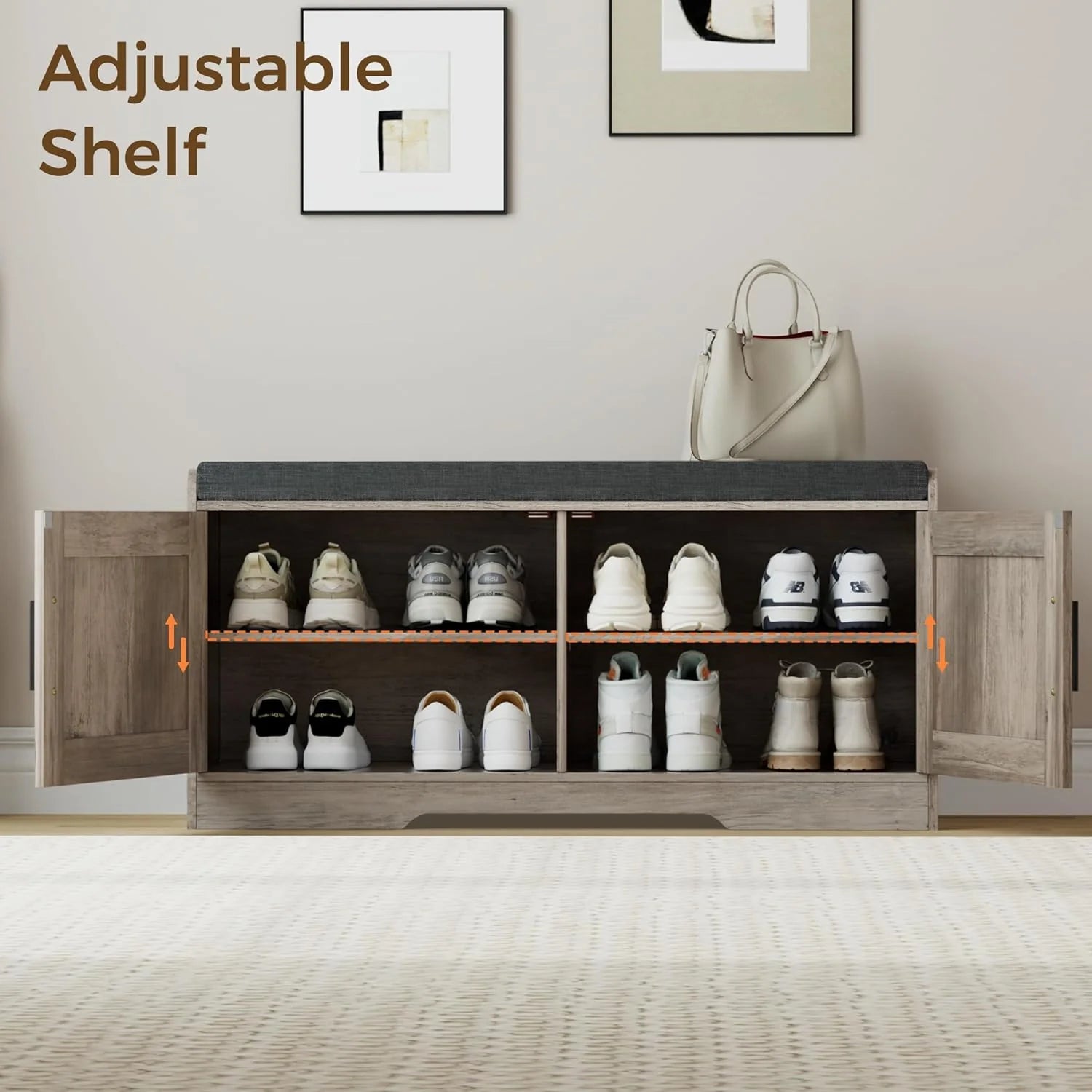 2-Tier Storage Bench, Shoe Bench with Thickened Padded Seat Cushion, Entryway Bench with 4 Doors, Adjustable Shelf