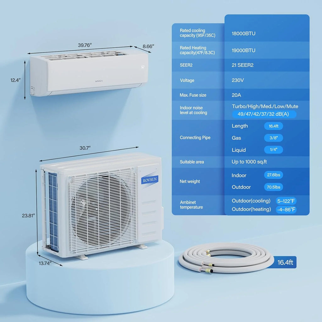 ROVSUN 9000 BTU Wifi Enabled Mini Split Air Conditioner & Heater with Inverter, 19 SEER2 Energy Saving 115V Ductless Split AC Unit with Pre-Charged Condenser, Heat Pump & Installation Kit
