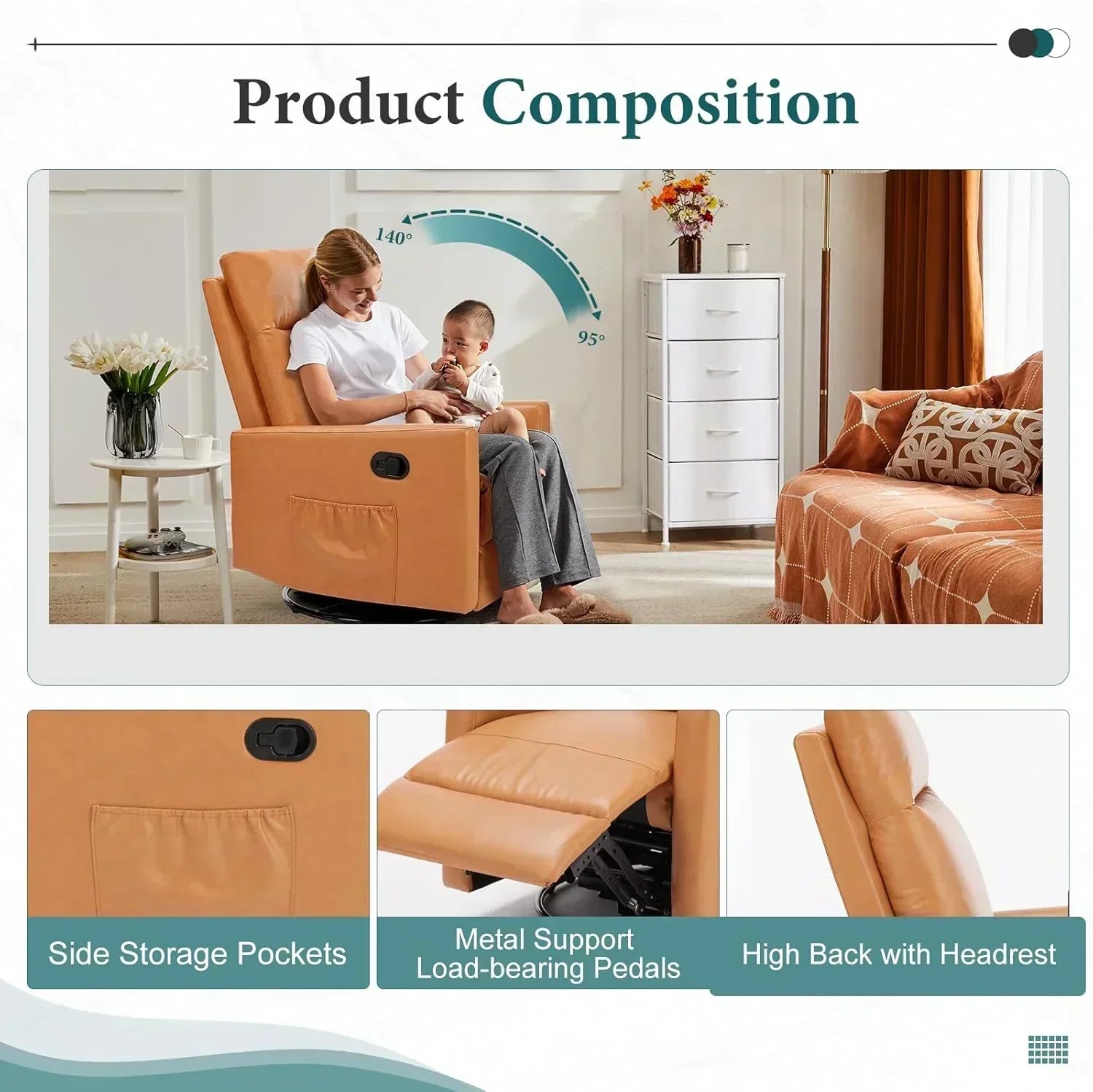 Swivel high-back rocking chair with footrest padded glider baby chair with comfortable deep seat