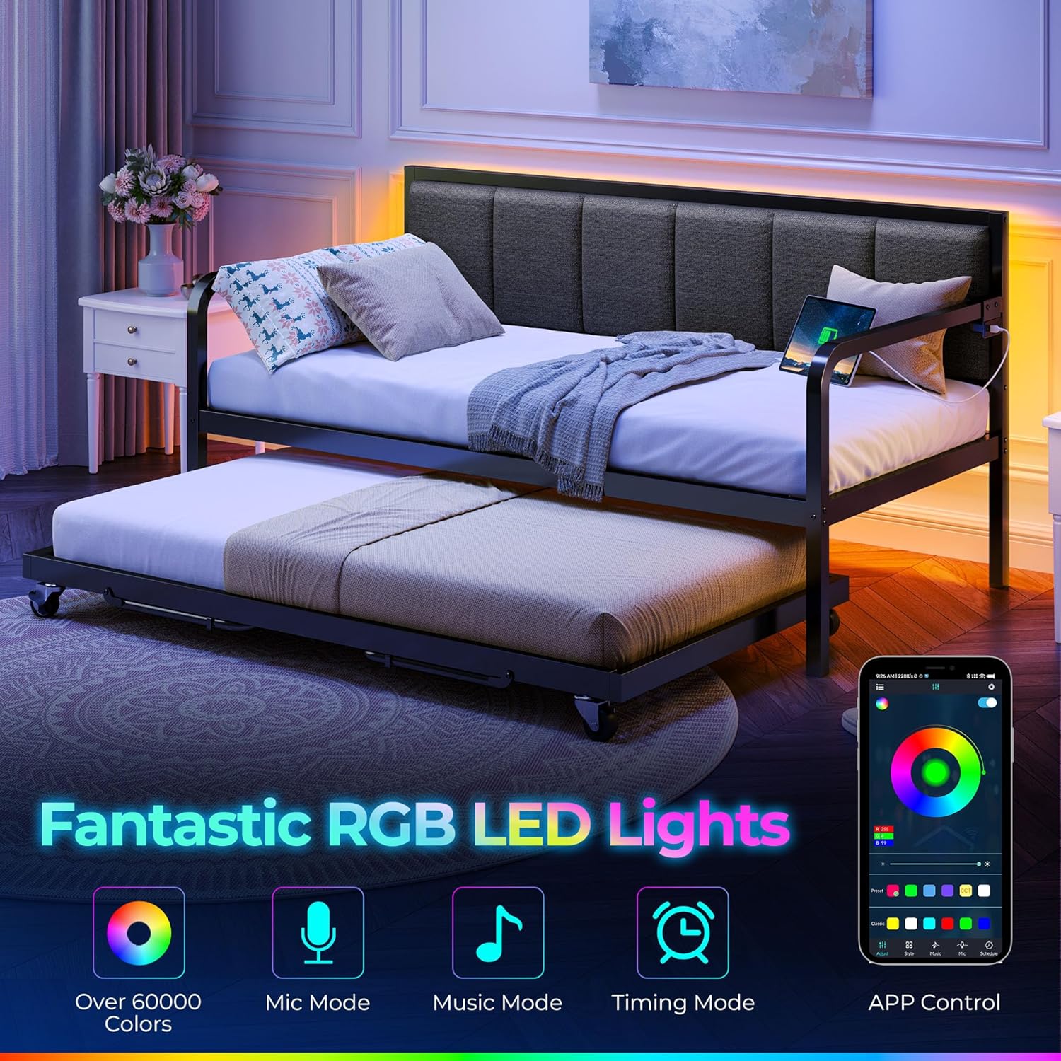 Rolanstar Daybed with Charging Station and LED Lights, Height Adjustable Twin Daybed with Trundle, Metal Sofa Bed Frame with Steel Slat Support