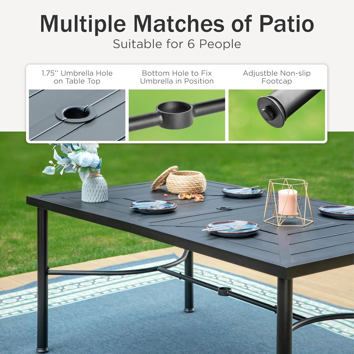 PHI VILLA 6-Piece Outdoor Dining Sets, All-Weather Patio Table and Chairs Set with Umbrella for 4, Heavy Duty Patio Round Table Set for Deck, 4 Extra Large Outdoor Swivel Chairs with Thick Cushions