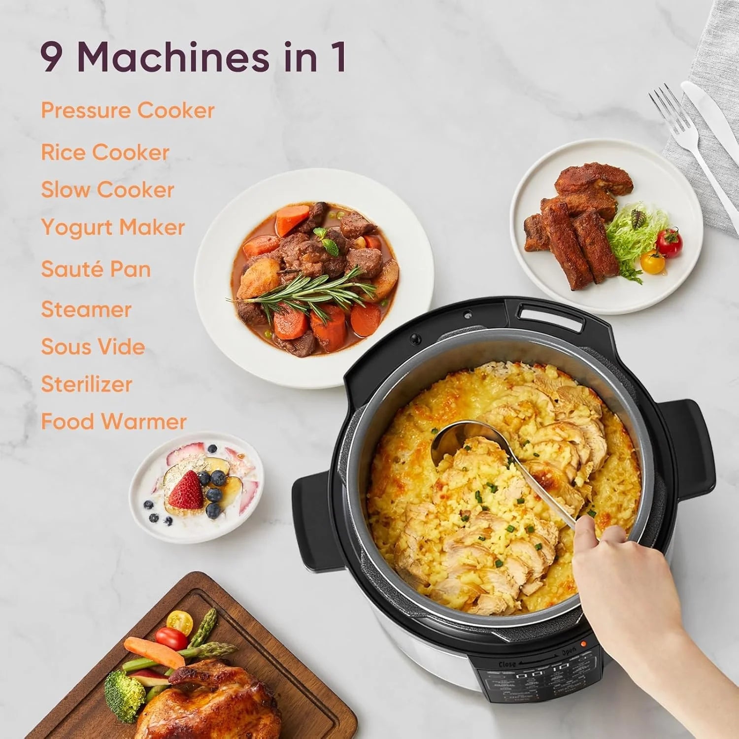 COSORI Pressure Cooker 6 qt, 9-in-1 Instant Multi Kitchen Appliances, Safer Venting Design, Rice Cooker, Slow Cooking Pot, Sous Vide, Saute Pot, 1100W, Stainless Steel