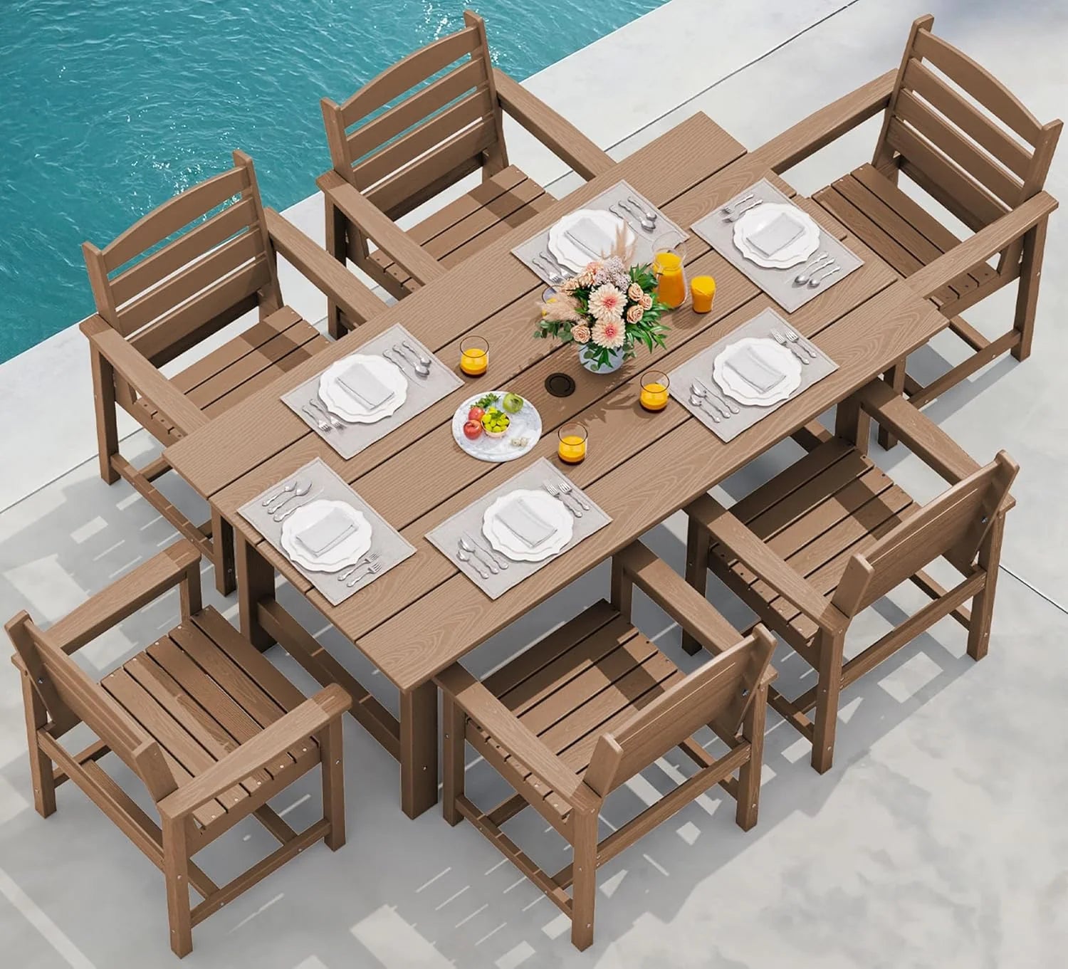 SERWALL 7-Piece Patio Dining Table Sets, Outdoor HDPE Dining Furniture Set with Umbrella Hole Cut-Out Table and 6 Chairs, Blue