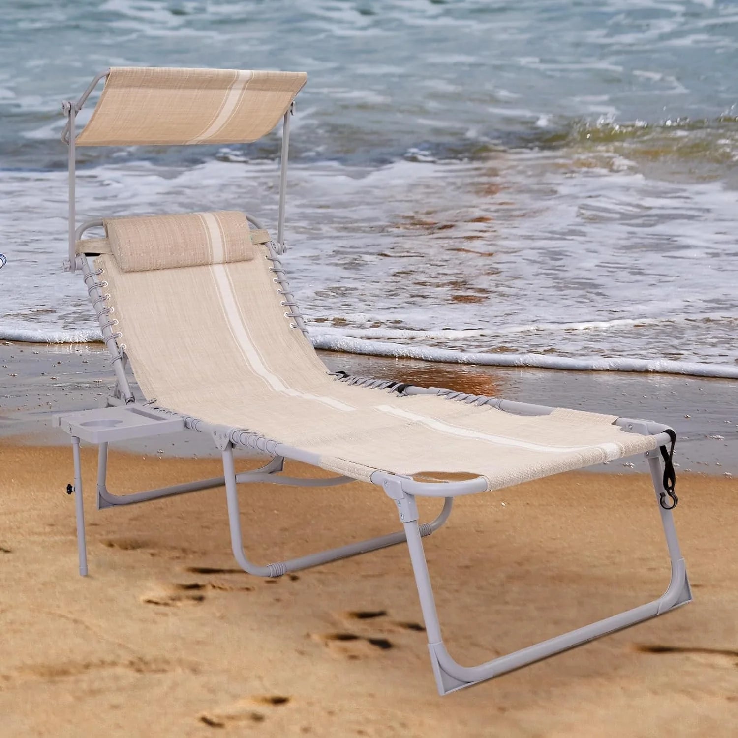 2 Pack Outdoor Chaise Lounge Chair - Portable Folding Patio Pool Lounge Chair, 5 Positions Adjustable Reclining Camping Chair with Side Table,Shoulder Strap, Pillow for Beach Sunbathing Lawn