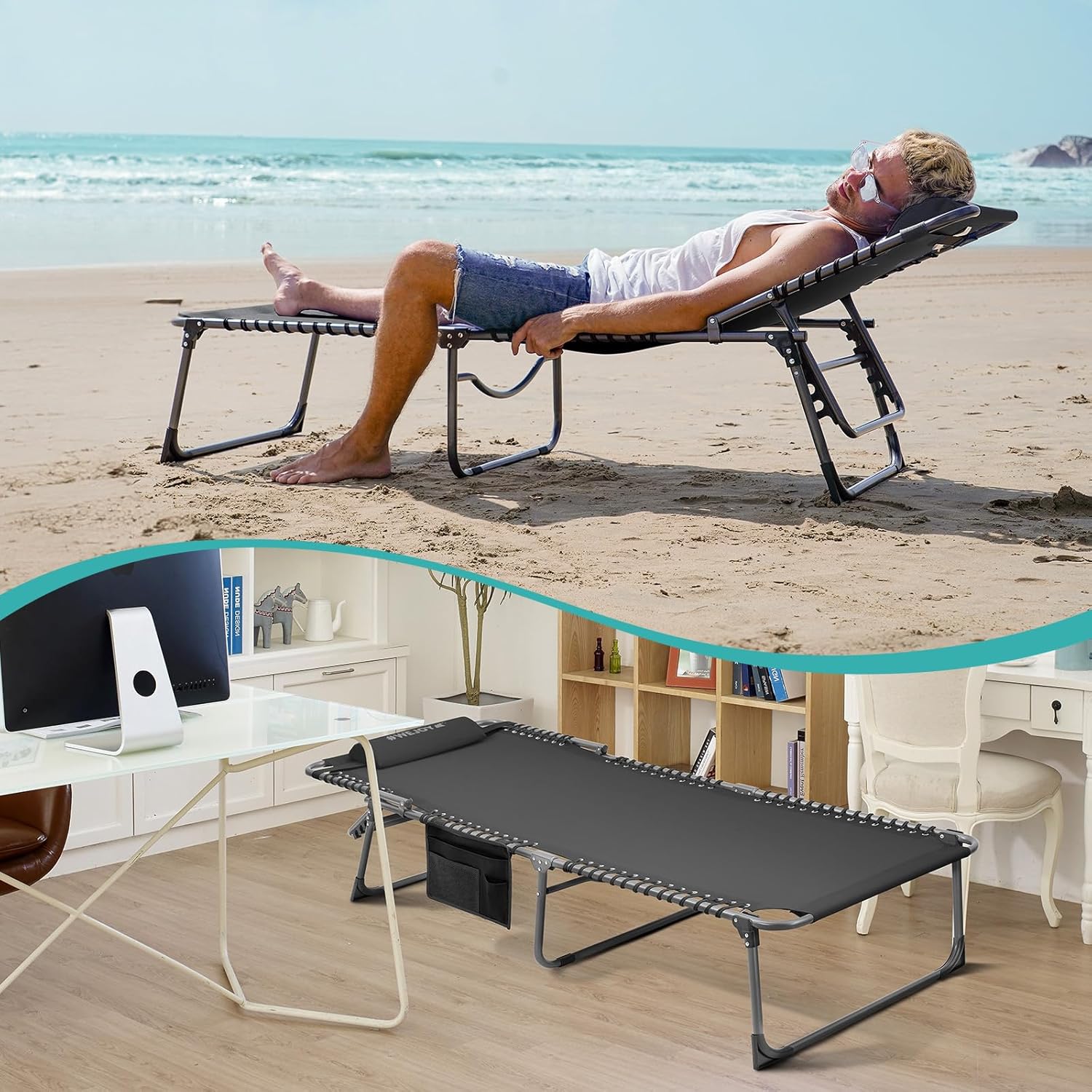 2 Pack Outdoor Chaise Lounge Chair - Portable Folding Patio Pool Lounge Chair, 5 Positions Adjustable Reclining Camping Chair with Side Table,Shoulder Strap, Pillow for Beach Sunbathing Lawn