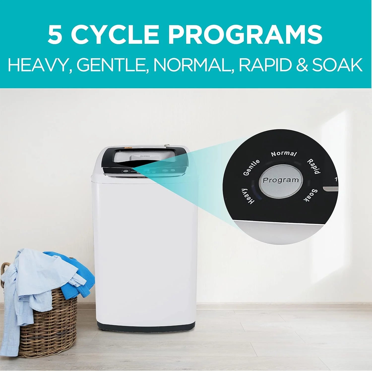 Portable Washer 6.6 lb. Capacity Washing Machine for Homes & Apartments 5 Wash Cycles Quick Connect Sink Adapter and Drain Hose Included Transparent Lid