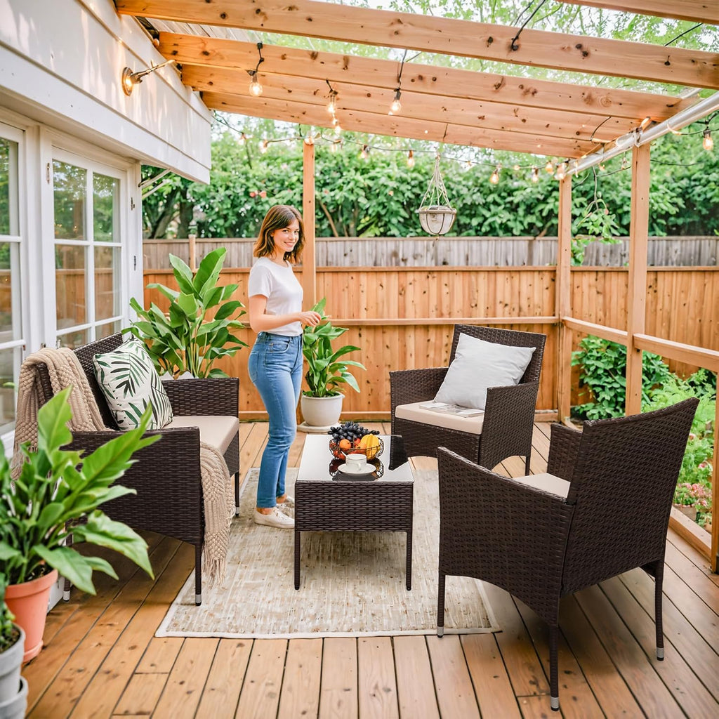 Homall 4 Pieces Outdoor Patio Furniture Sets Rattan Chair Wicker Set, Outdoor Indoor Use Backyard Porch Garden Poolside Balcony Furniture Sets (Grey)