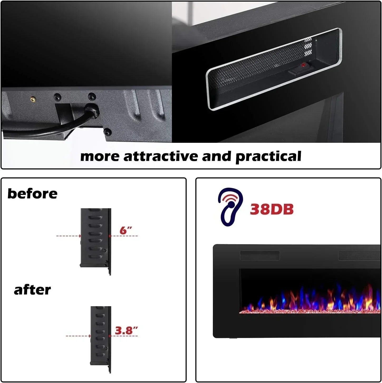 R.W.FLAME 60 Recessed and Wall Mounted Electric Fireplace Low Noise Fit for 2 x 6 Stud