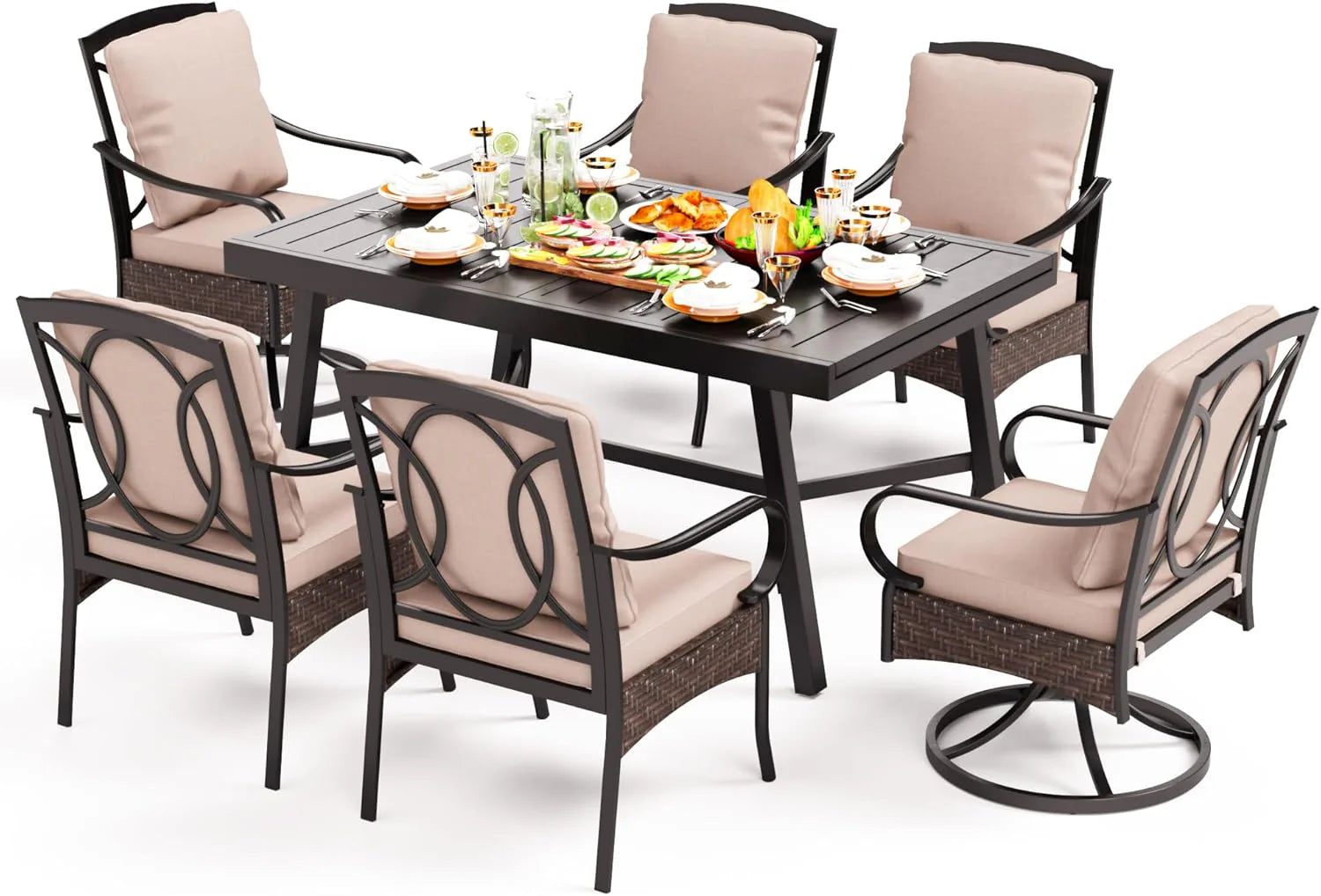 PHI VILLA 6-Piece Outdoor Dining Sets, All-Weather Patio Table and Chairs Set with Umbrella for 4, Heavy Duty Patio Round Table Set for Deck, 4 Extra Large Outdoor Swivel Chairs with Thick Cushions