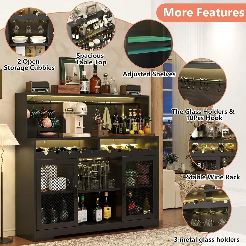 Wine Bar Cabinet with LED Light Liquor Cabinet with Glass Holder Coffee Bar for Liquor