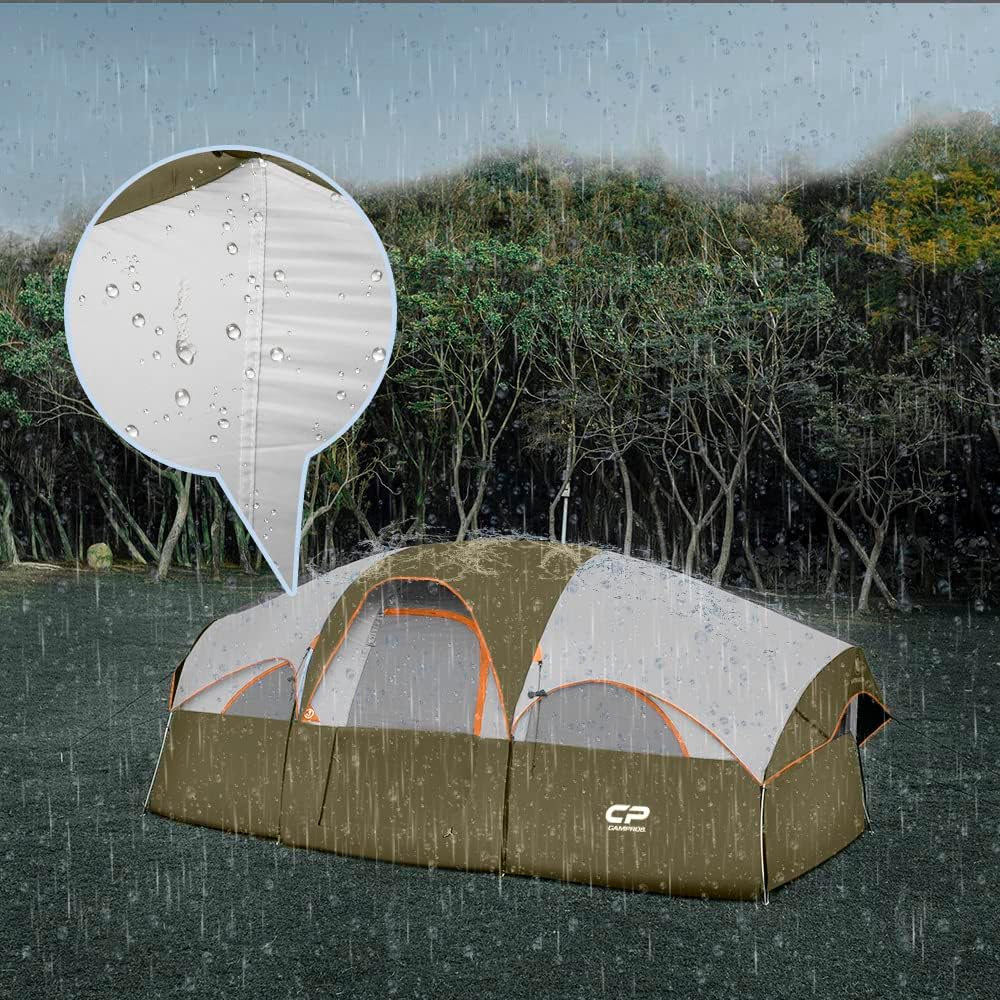 CAMPROS CP Tent 8 Person Camping Tents, Weather Resistant Family Tent, 5 Large Mesh Windows, Double Layer, Divided Curtain for Separated Room, Portable with Carry Bag