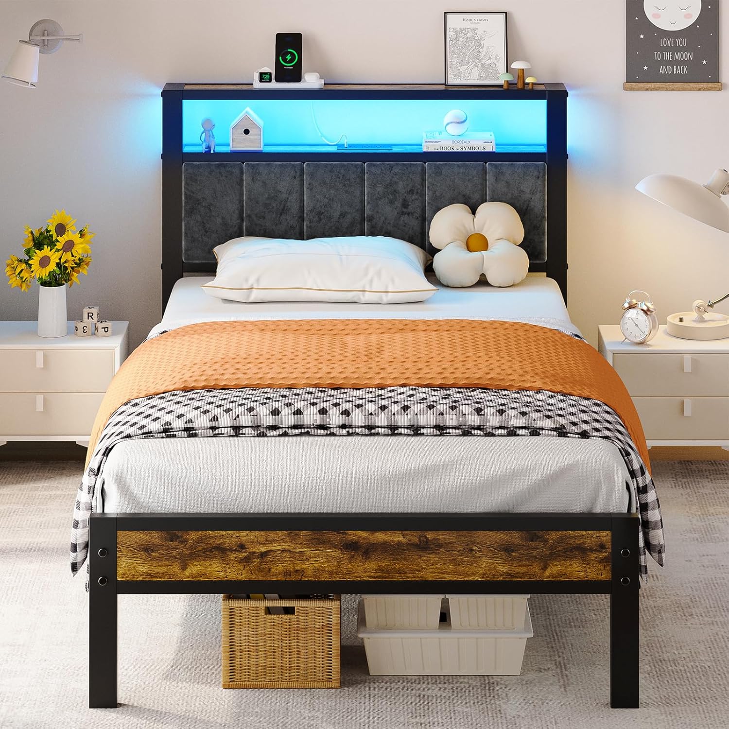 Queen Size Bed Frame with 2-Tier Storage Shelves Headboard Platform Bed with Charging Station